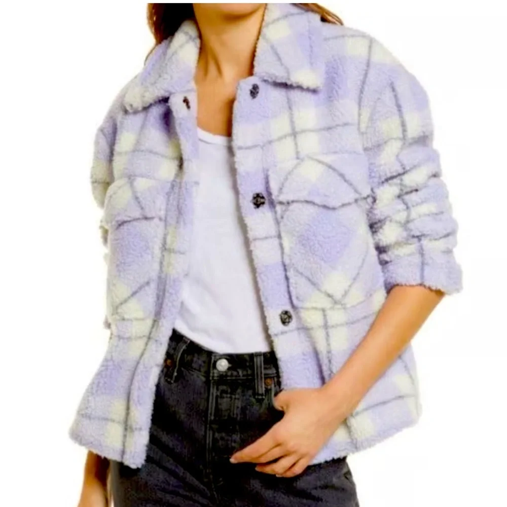 7 For All Mankind Lavender Plaid Teddy Jacket - Picture 2 of 8